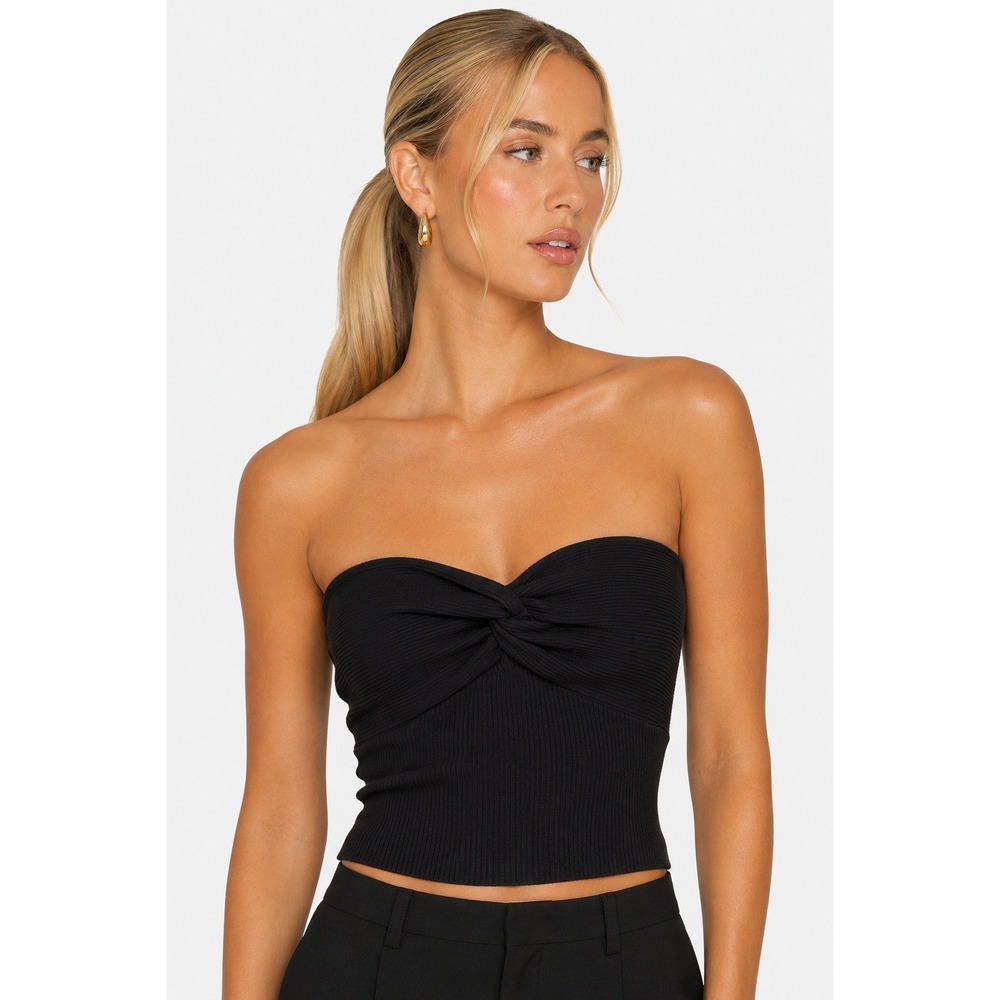 NWT THE WORKSHOP Black Ribbed Twist Front Micro Basic Tube Top Strapless S